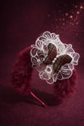 Red Faux Fur Headband for Girls – Fluffy Winter Hairband with Lace Flower – Plaid Butterfly Statement Headpiece – Toddler and Kids Boutique Accessory