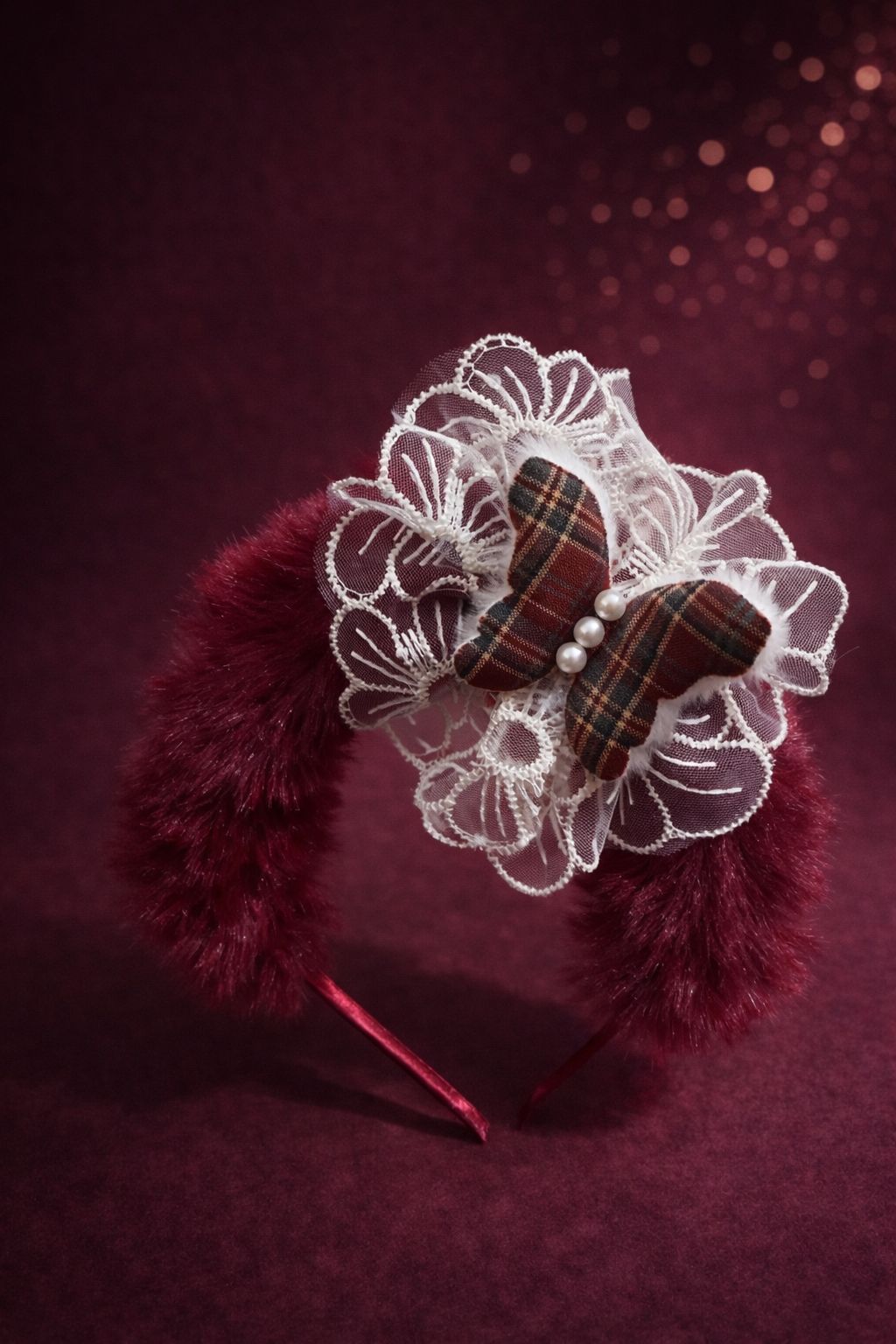 Red Faux Fur Headband for Girls – Fluffy Winter Hairband with Lace Flower – Plaid Butterfly Statement Headpiece – Toddler and Kids Boutique Accessory
