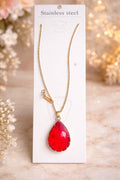 Large Ruby Red Teardrop Pendant Necklace for Women – 18K Gold Plated Stainless Steel Chain – Vibrant Faceted Crystal Charm – Elegant Statement Jewelry for Weddings & Parties