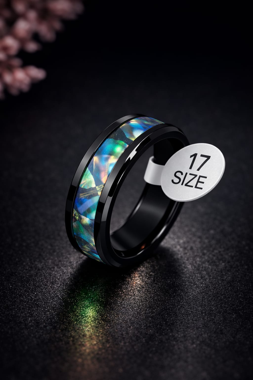 limited offer ! Polished Black Band with Galaxy-Effect Abalone Shell Inlay – Modern Masculine Jewelry