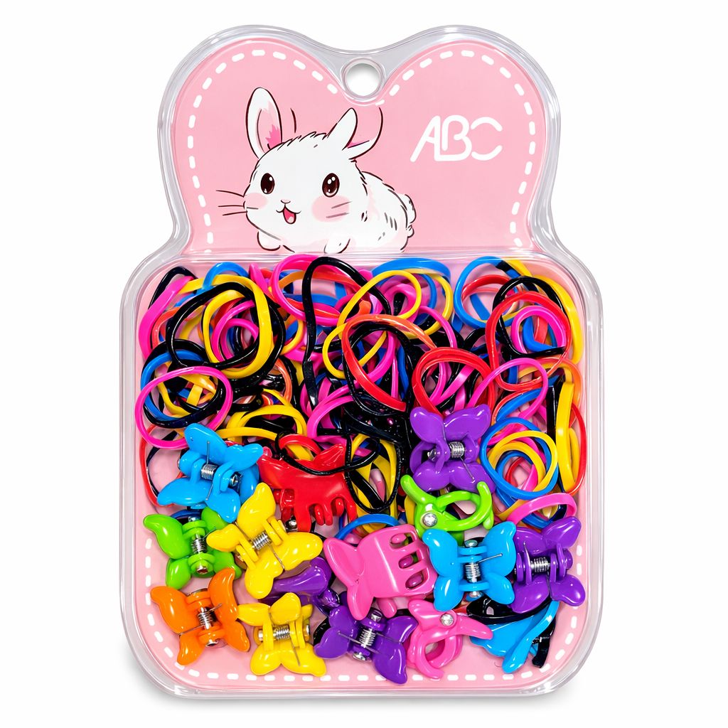 Premium Kids' Hair Accessory Set – Colorful Elastic Rubber Bands & Mini Butterfly Claw Clips
