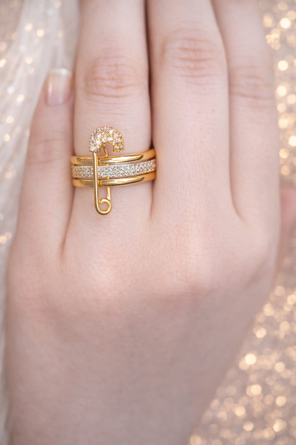 (ADJUSTABLE) Crystal Safety Pin Triple Band: A Bold Twist on Classic Gold Jewelry!