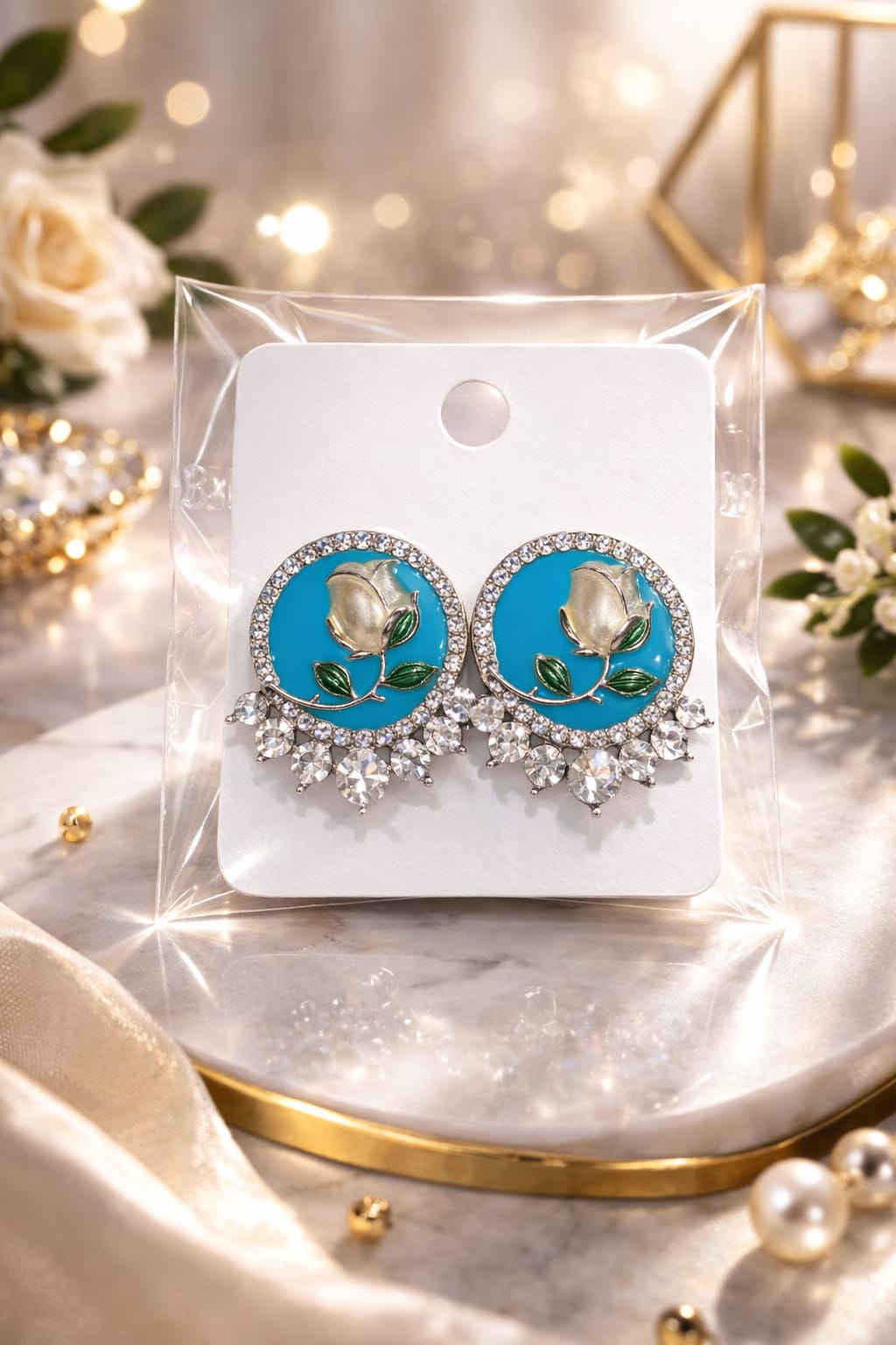 Vintage-Style Crystal Rose Stud Earrings – Elegant Enamel Flower Earrings with Rhinestone Halo – Korean Fashion Jewelry for Women – Black & Silver Floral Accessories