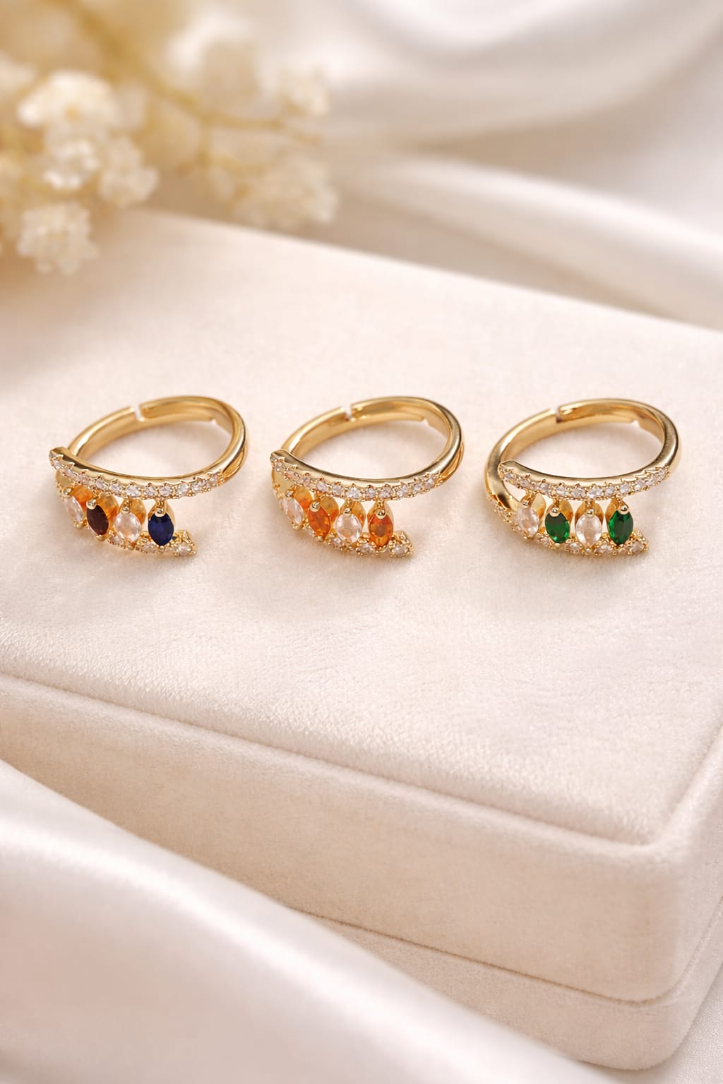 (ADJUSTABLE) Gold-Plated Adjustable Crystal Rings for Women – Elegant Dainty Wrap Band with Marquise Gemstone Drops – Sparkling Rhinestone Fashion Jewelry – Set of 3 Colorful Boho Rings