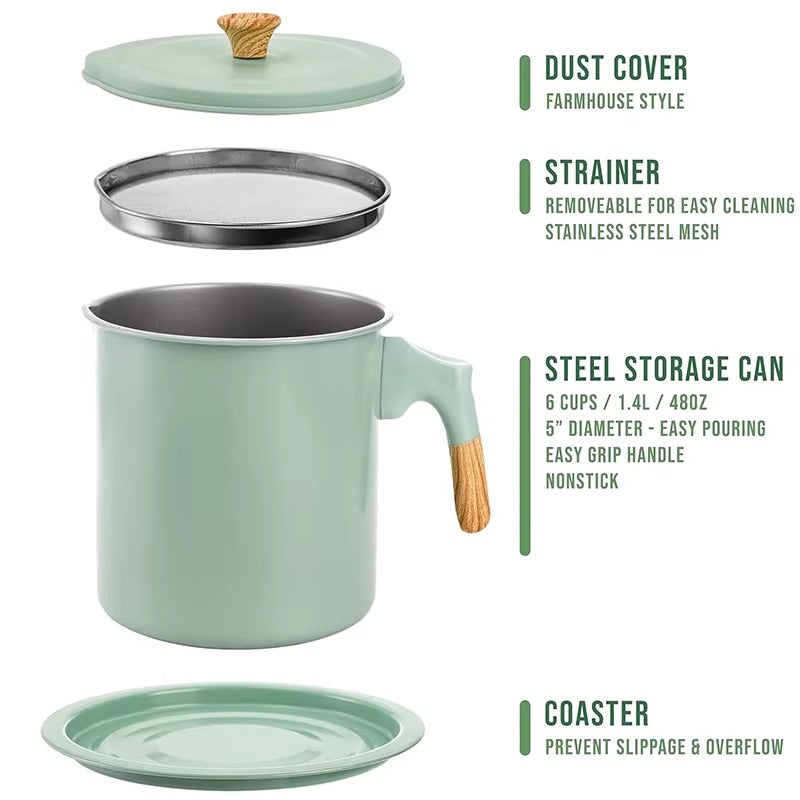 Bacon Grease Container with Strainer 1.4L Stainless Steel Oil Filter Pot Cooking Oil Storage Pot with Strainer