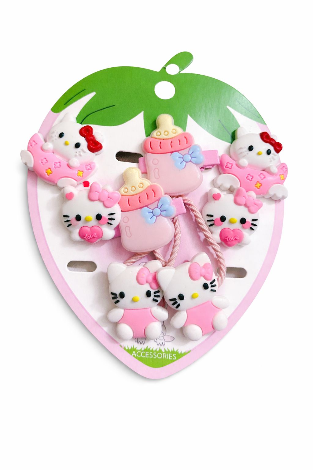 Kawaii Kitty & Milk Bottle 6-Piece Hair Accessory Set – Soft Pink Strawberry Boutique Collection