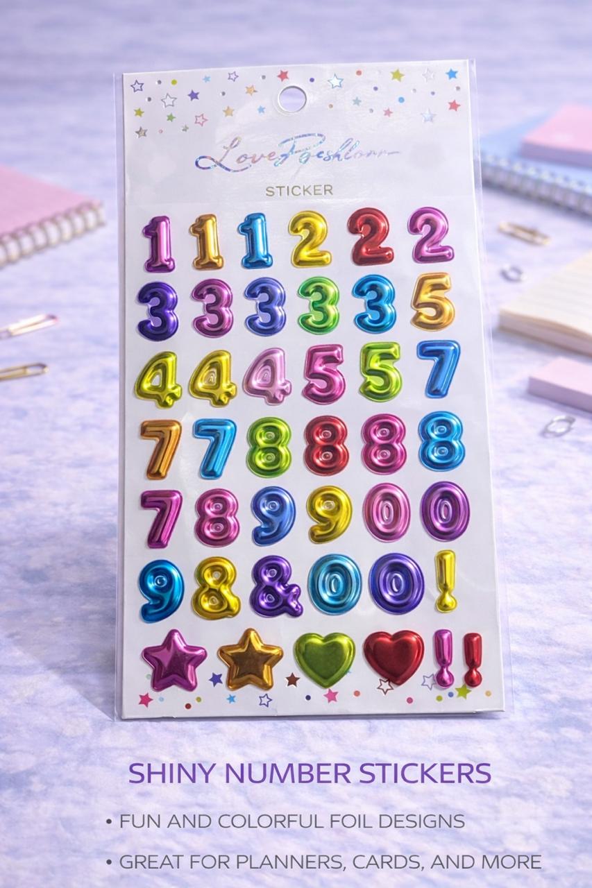 3D Metallic Number Sticker Sheet – Vibrant Foil Decals for DIY & Planners