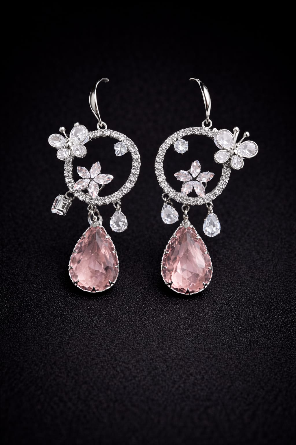 Enchanted Garden Crystal Drops – Pink Teardrop & Butterfly Filigree Earrings – Luxury Statement Jewelry for Women