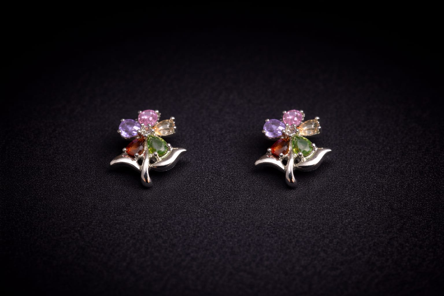 Sparkly Rainbow Gemstone Flower Studs – Elegant Silver-Tone Floral Statement Earrings