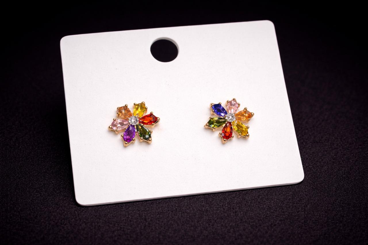 Sparkly 7-Petal Rainbow Flower Studs – Elegant Gold-Plated Vibrant Crystal Statement Earrings