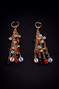 Radiant Gold-Tone Crystal Fringe Earrings – Vibrant Pink, Blue, and Red Beaded Tassel Dangles – Glamorous Statement Accessories