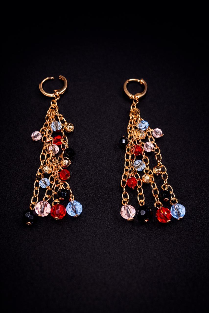 Radiant Gold-Tone Crystal Fringe Earrings – Vibrant Pink, Blue, and Red Beaded Tassel Dangles – Glamorous Statement Accessories