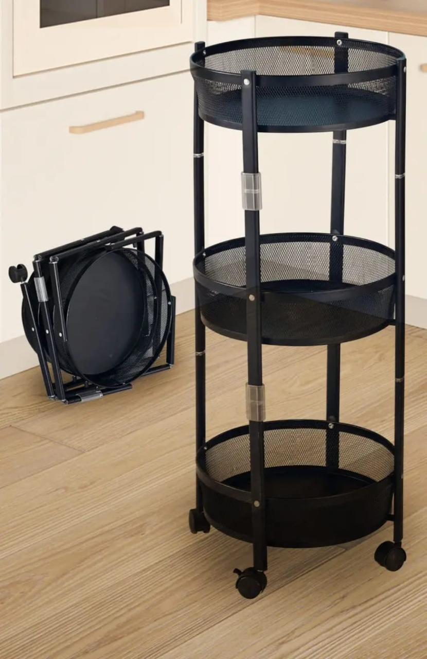 Modern Round Mesh Rolling Cart – Versatile 3-Shelf Space-Saving Organizer – Sleek Mobile Storage Station for Home & Office