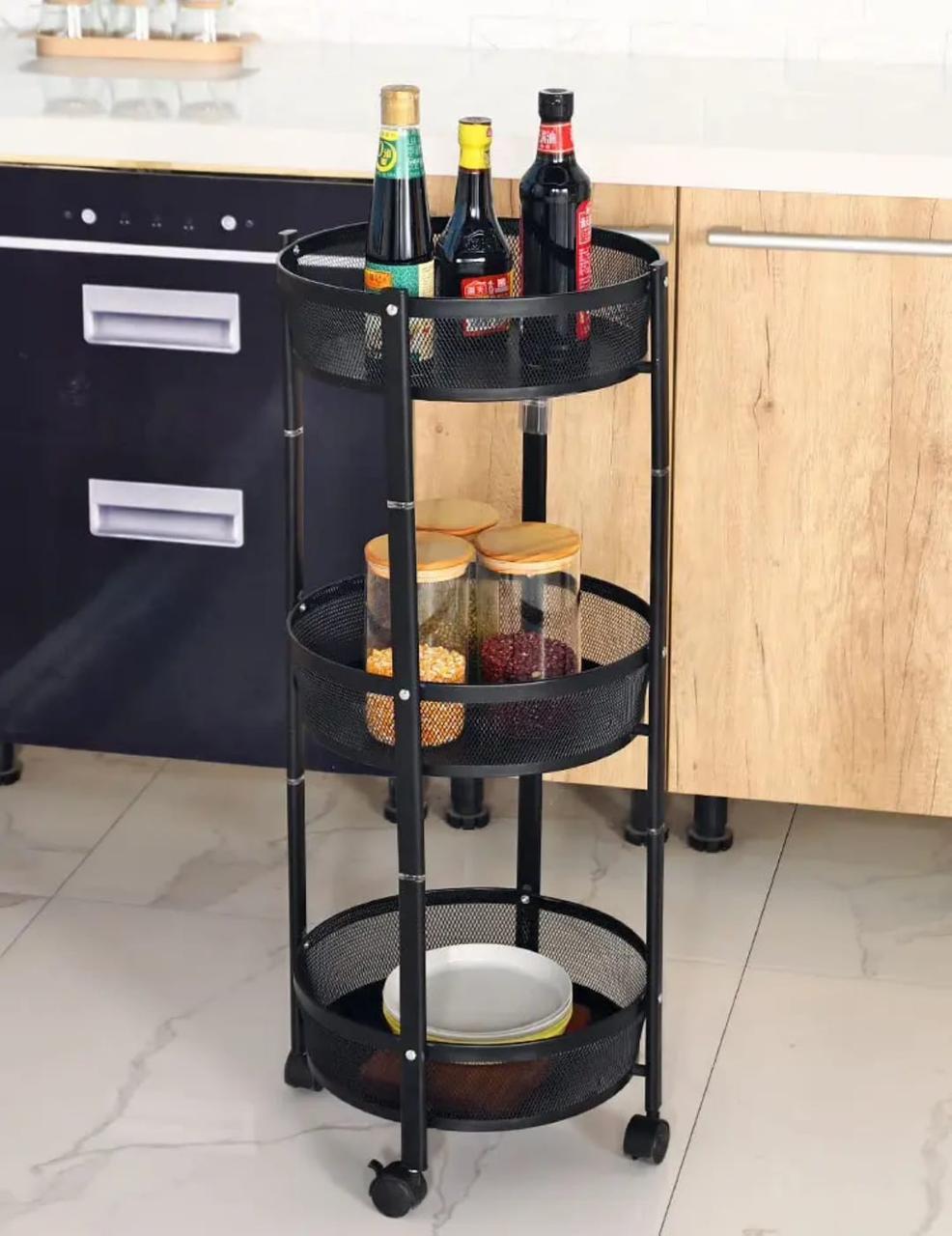 Modern Round Mesh Rolling Cart – Versatile 3-Shelf Space-Saving Organizer – Sleek Mobile Storage Station for Home & Office