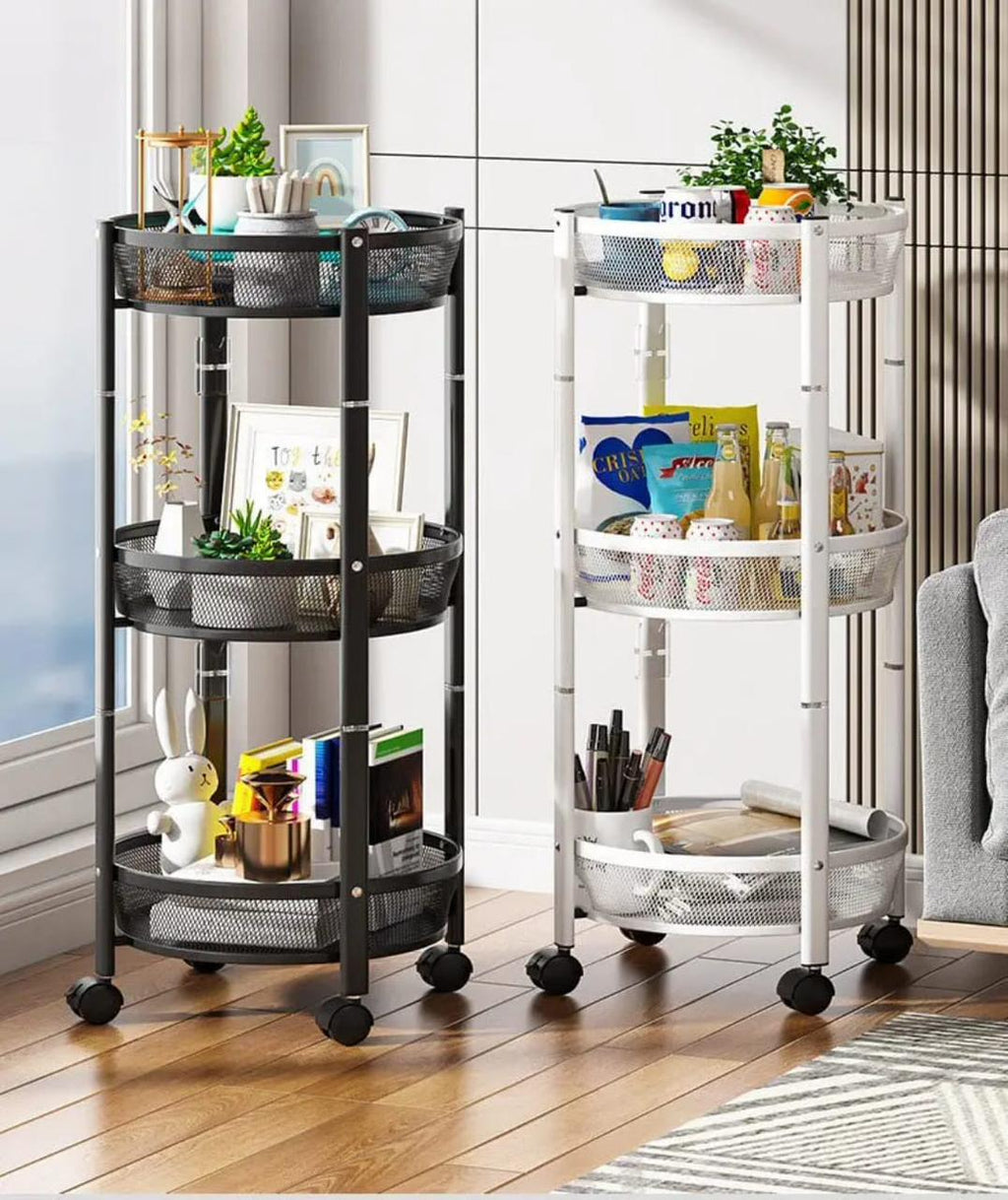 Modern Round Mesh Rolling Cart – Versatile 3-Shelf Space-Saving Organizer – Sleek Mobile Storage Station for Home & Office