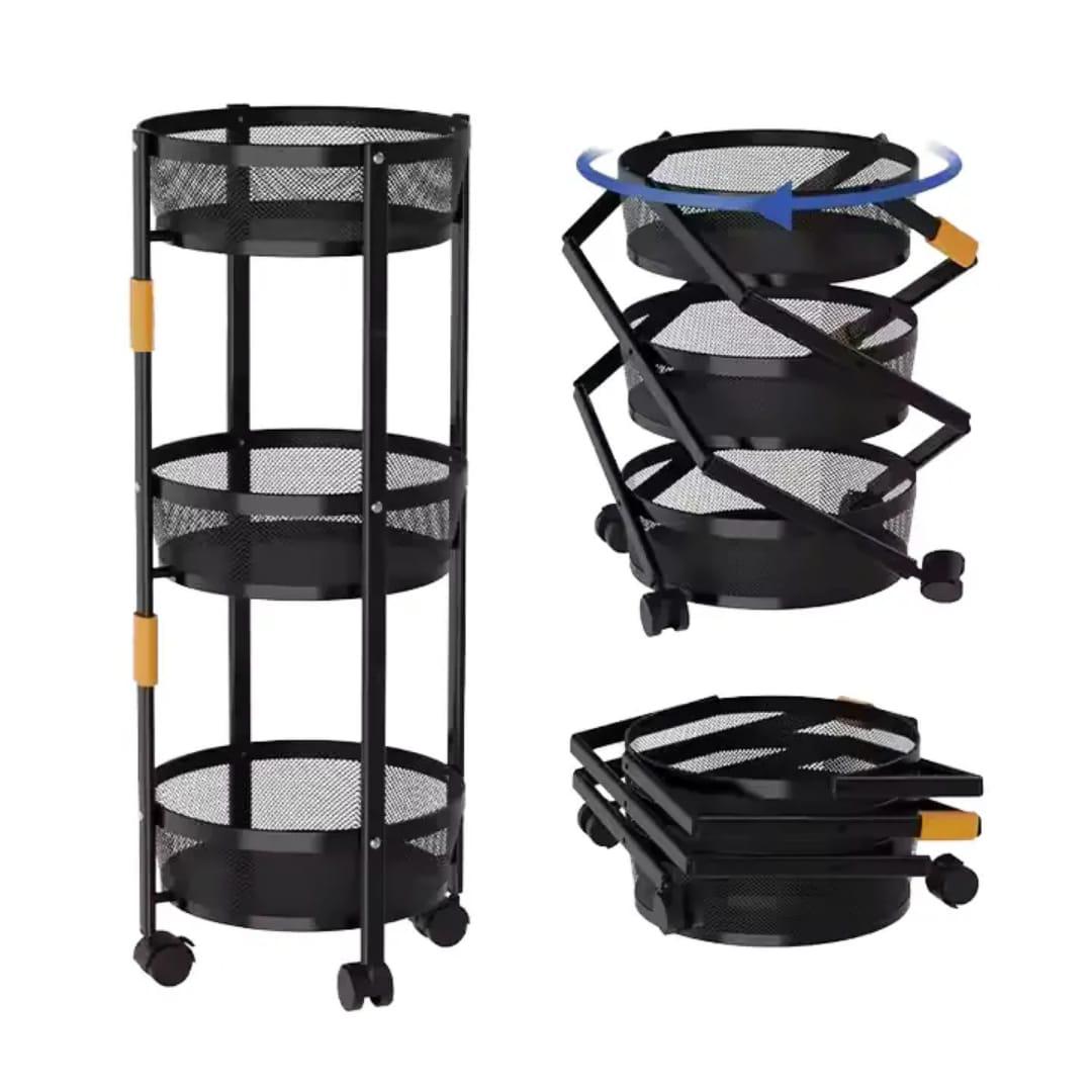 Modern Round Mesh Rolling Cart – Versatile 3-Shelf Space-Saving Organizer – Sleek Mobile Storage Station for Home & Office