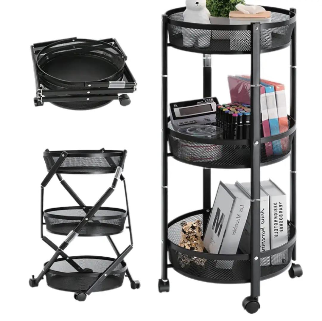 Modern Round Mesh Rolling Cart – Versatile 3-Shelf Space-Saving Organizer – Sleek Mobile Storage Station for Home & Office