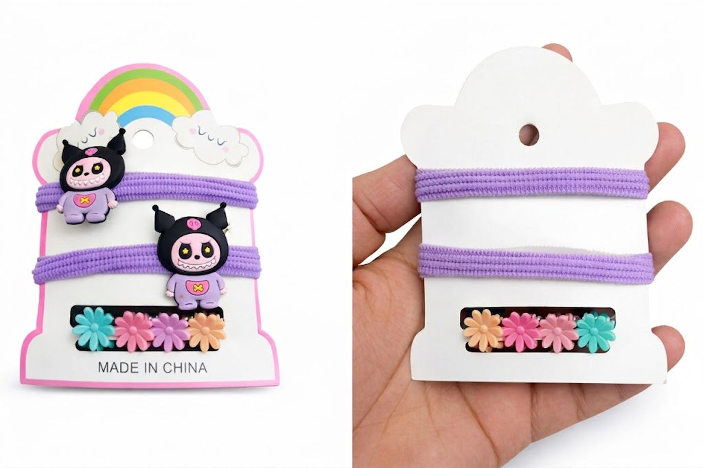 Labubu Character Hair Accessory Set – Pastel Elastic Bands & Floral Mini Clips