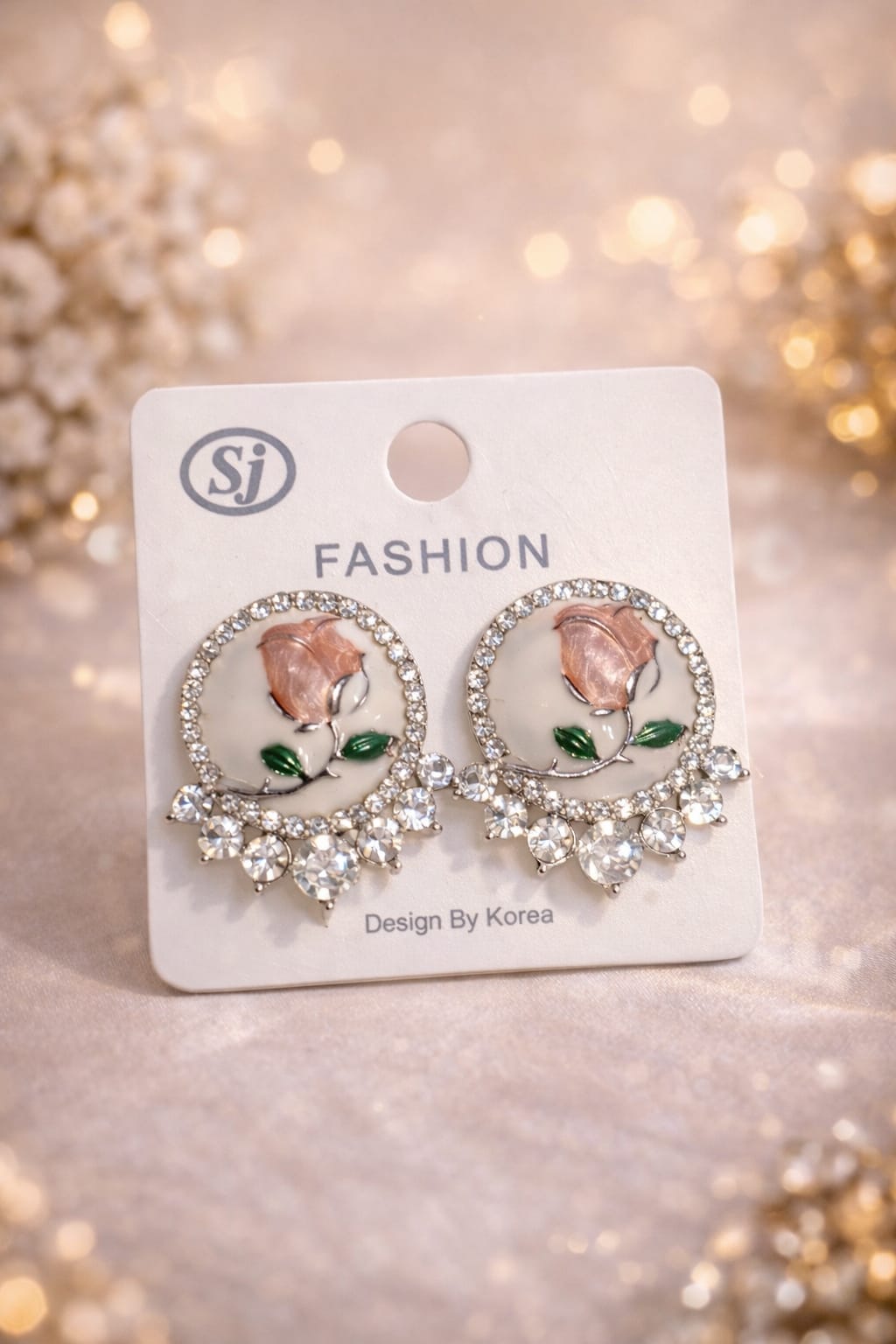 Vintage-Style Crystal Rose Stud Earrings – Elegant Enamel Flower Earrings with Rhinestone Halo – Korean Fashion Jewelry for Women – Black & Silver Floral Accessories