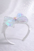 Girls' White Bow Headband – Iridescent Shimmer Tulle Hair Accessory – Ruffled White Mesh Headband with Pink Floral Accent – Fancy Princess Headpiece