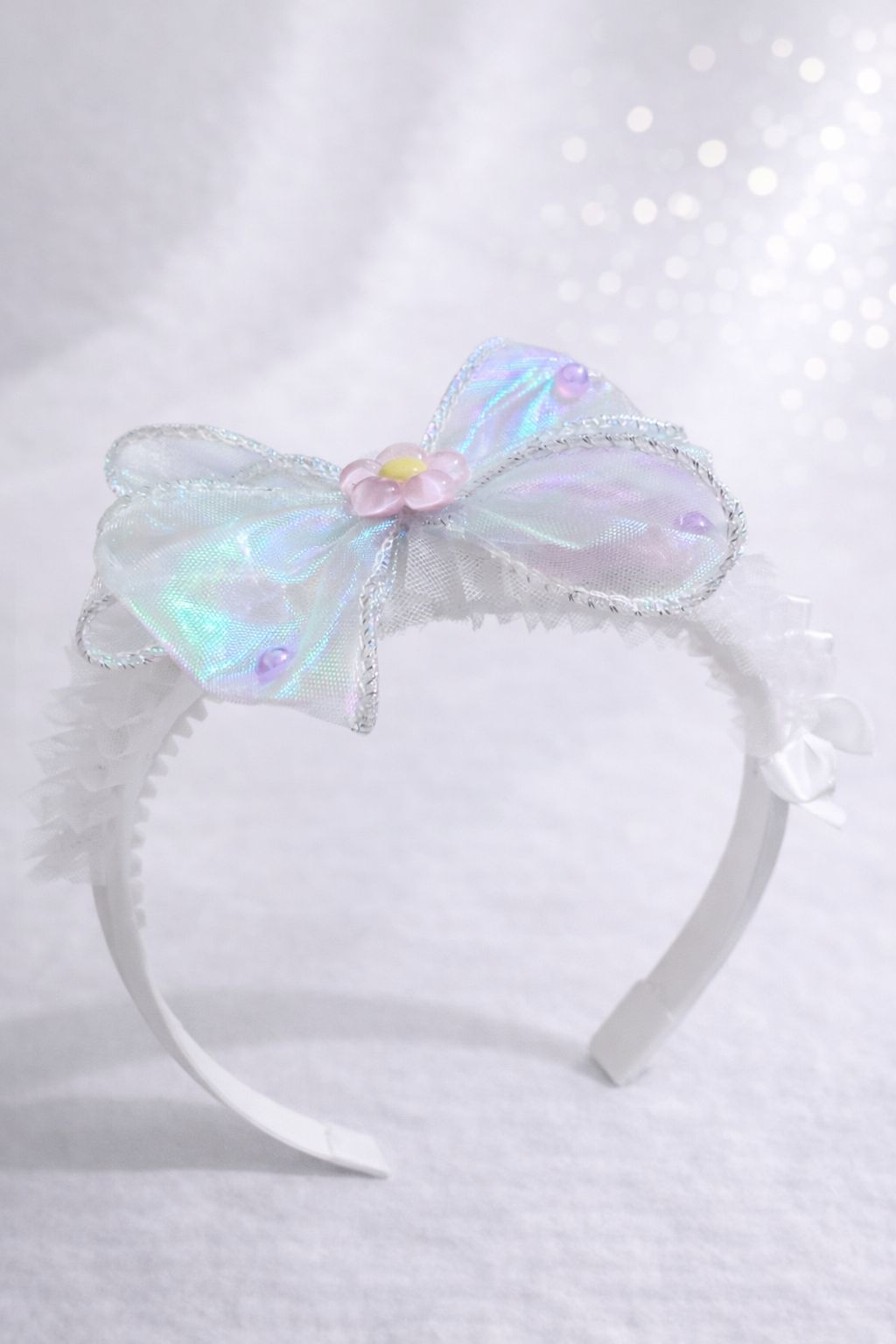 Girls' White Bow Headband – Iridescent Shimmer Tulle Hair Accessory – Ruffled White Mesh Headband with Pink Floral Accent – Fancy Princess Headpiece