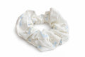 Elegant Pearl & Blue Blossom Satin Scrunchie – White Floral Hair Tie with Pearl Accents