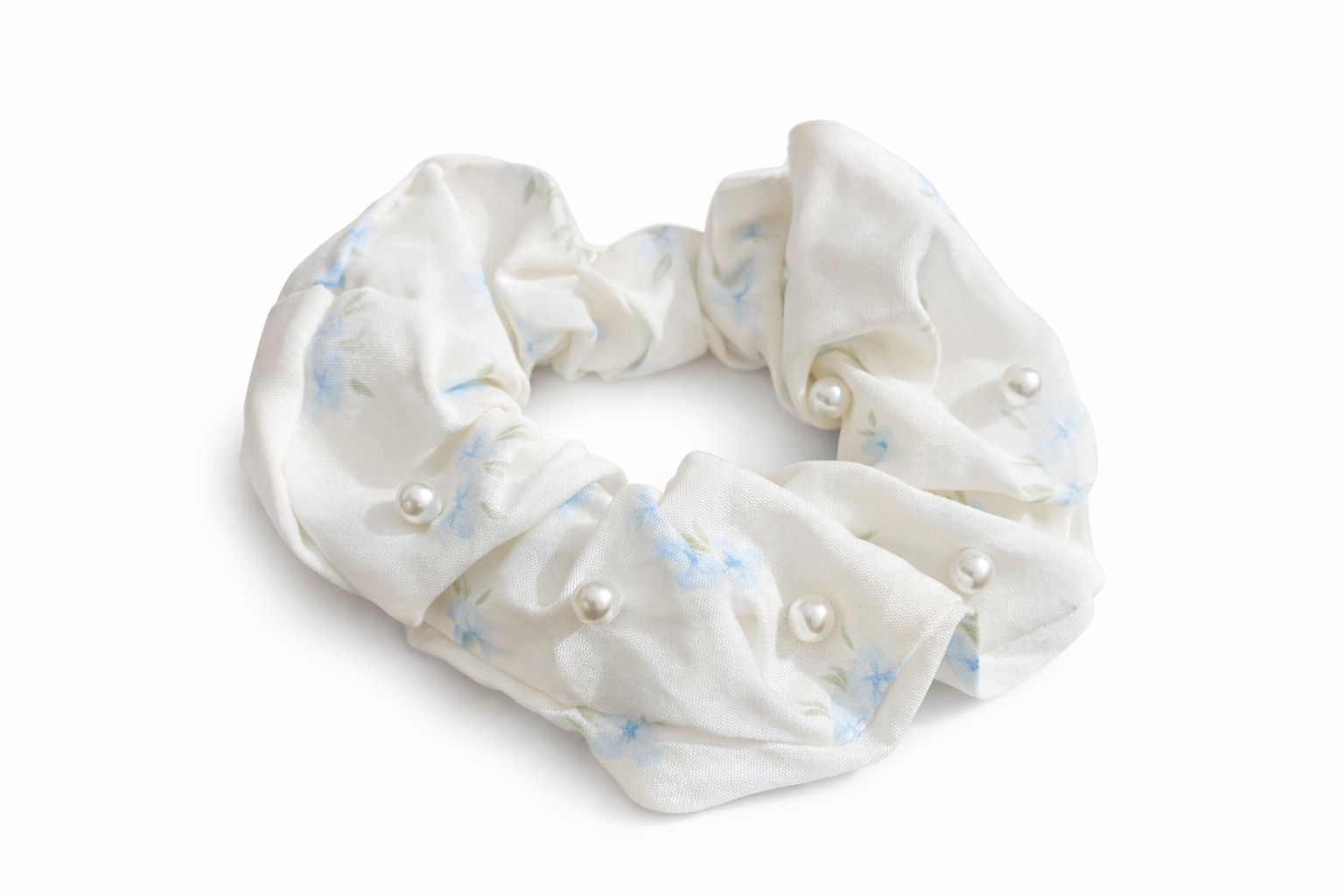 Elegant Pearl & Blue Blossom Satin Scrunchie – White Floral Hair Tie with Pearl Accents