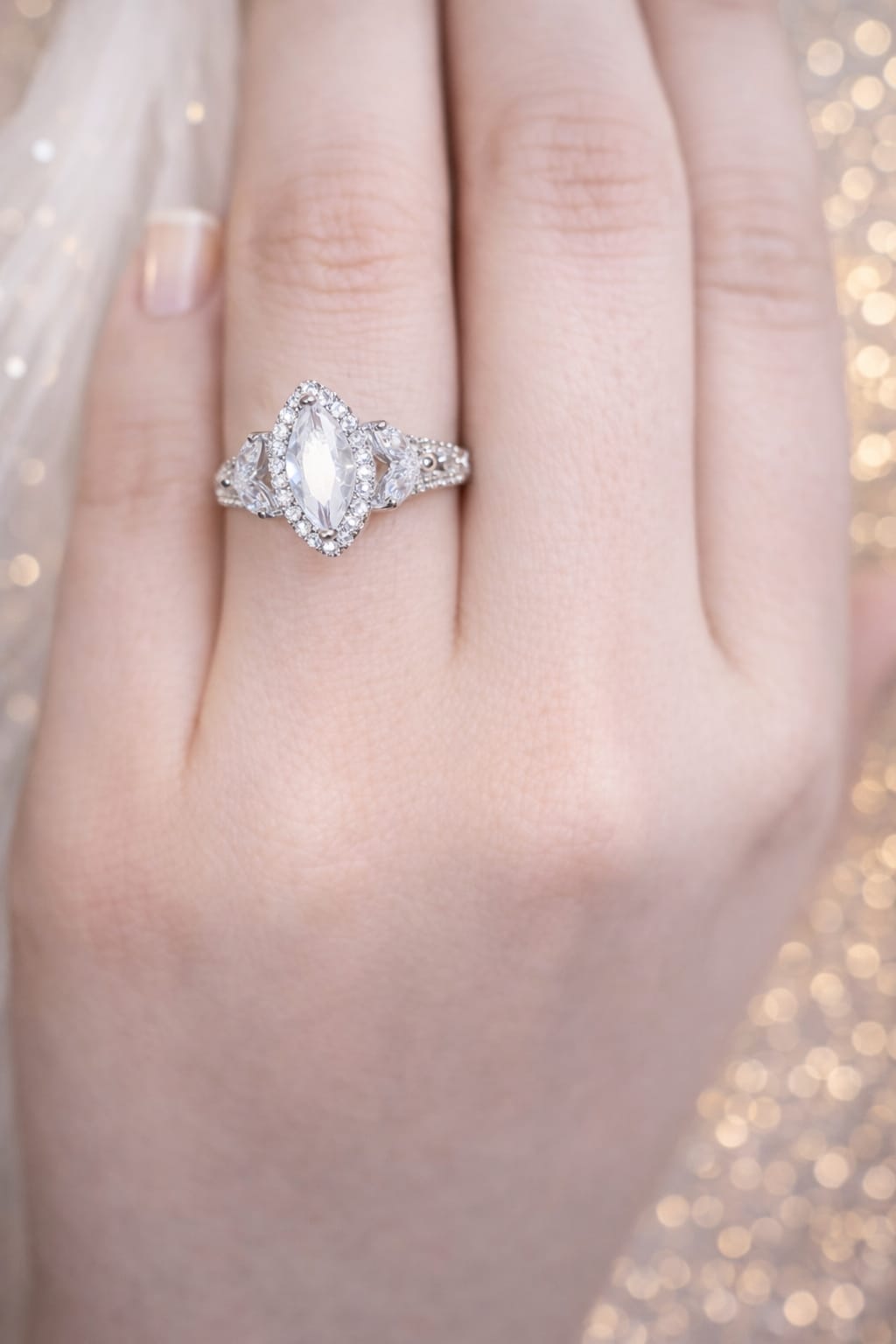 (ADJUSTABLE) Starlight Marquise Halo Ring: A Timeless Silver Statement of Pure Elegance!