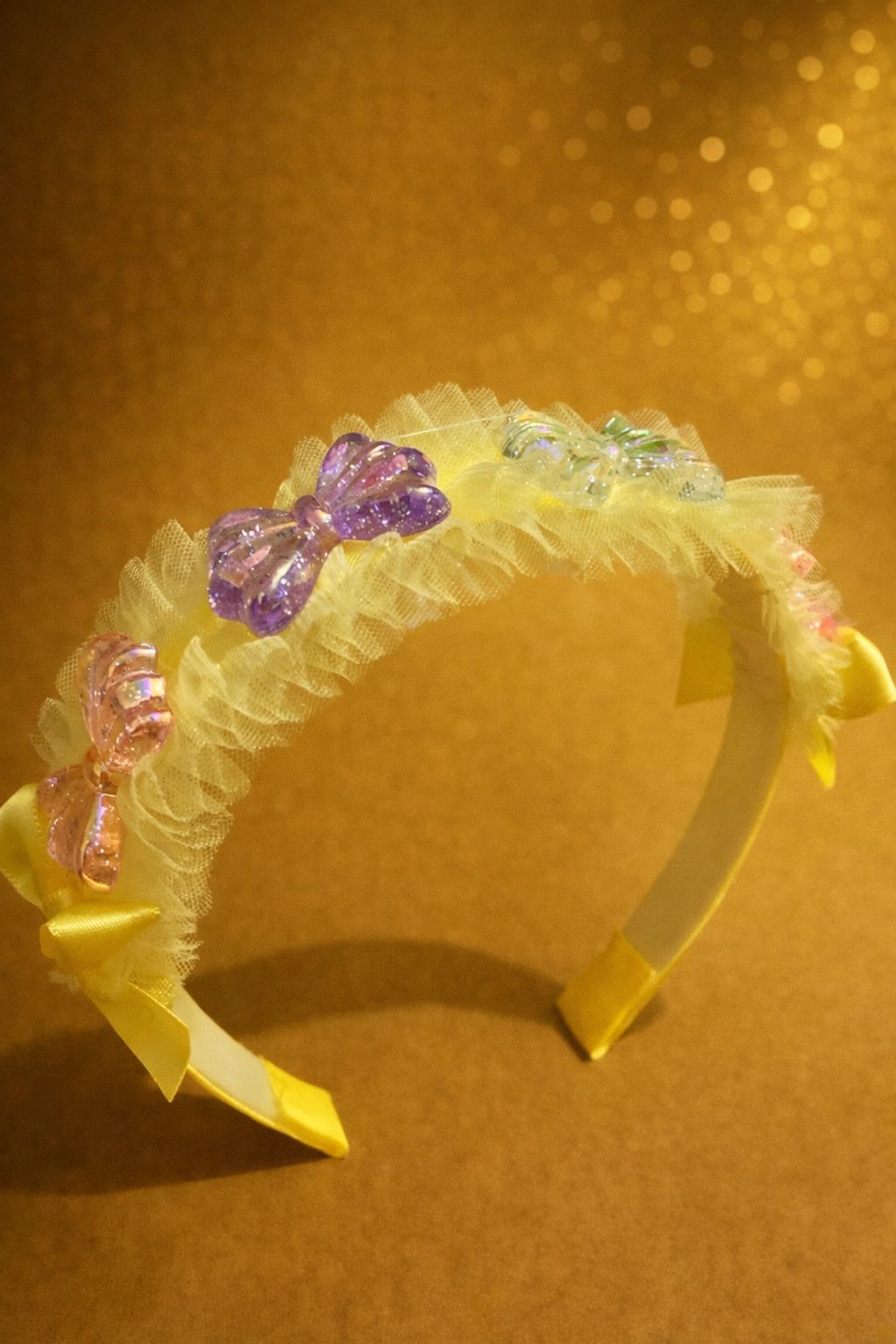Girls' Butterfly Headband – Yellow Ruffled Tulle Hair Accessory – Sparkly 3D Butterfly Tiaras for Toddlers and Kids